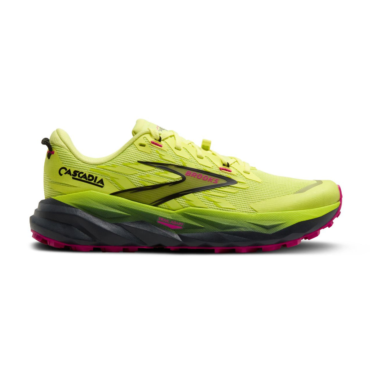 Side view on white background of Womens Brooks Cascadia 19 running shoe in Sunny Lime/Black/Magenta, Medium (Regular) width