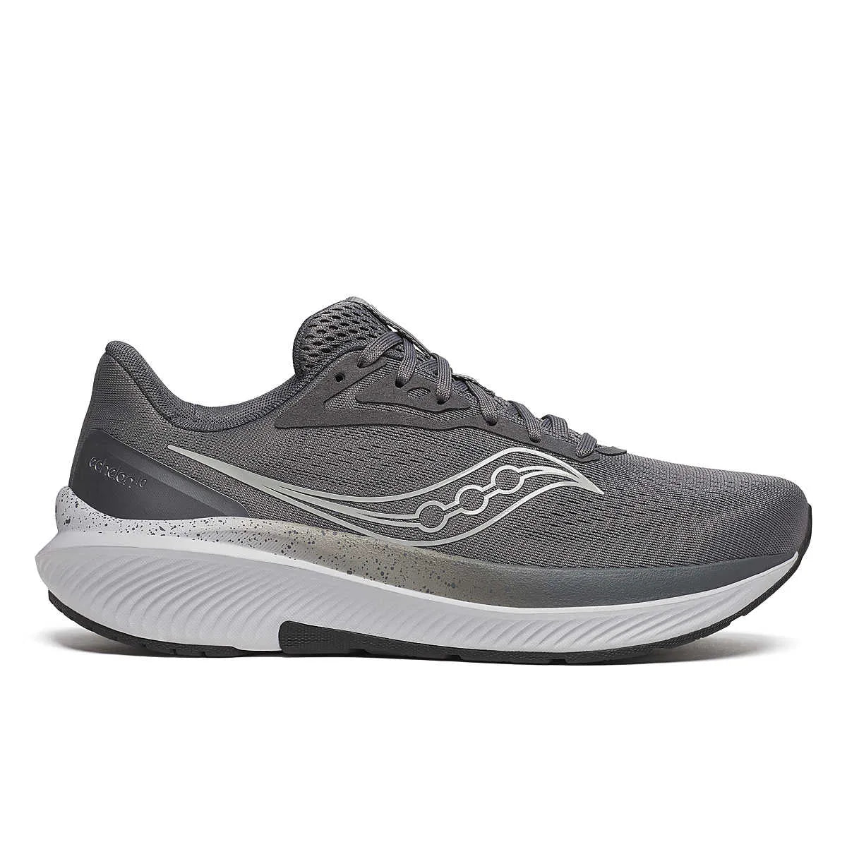 Side view on white background of Mens Saucony Echelon 10 running shoe in Carbon/Black, Extra Wide width