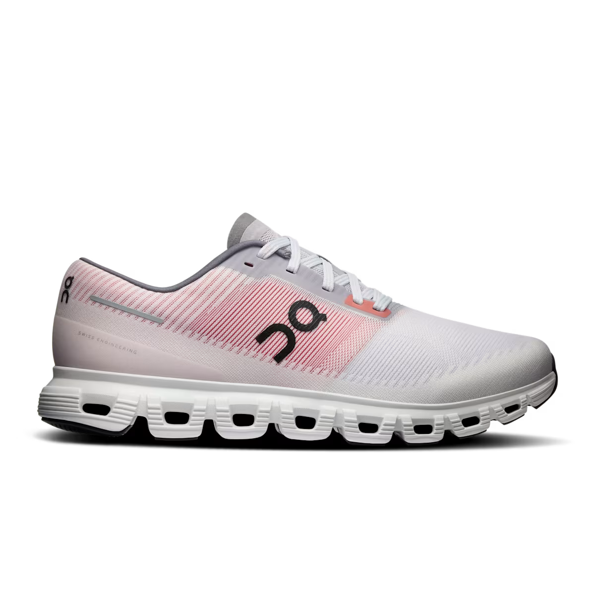 Side view on white background of Mens On Cloud 6 Push running shoe in Lavender/Red, Medium (Regular) width