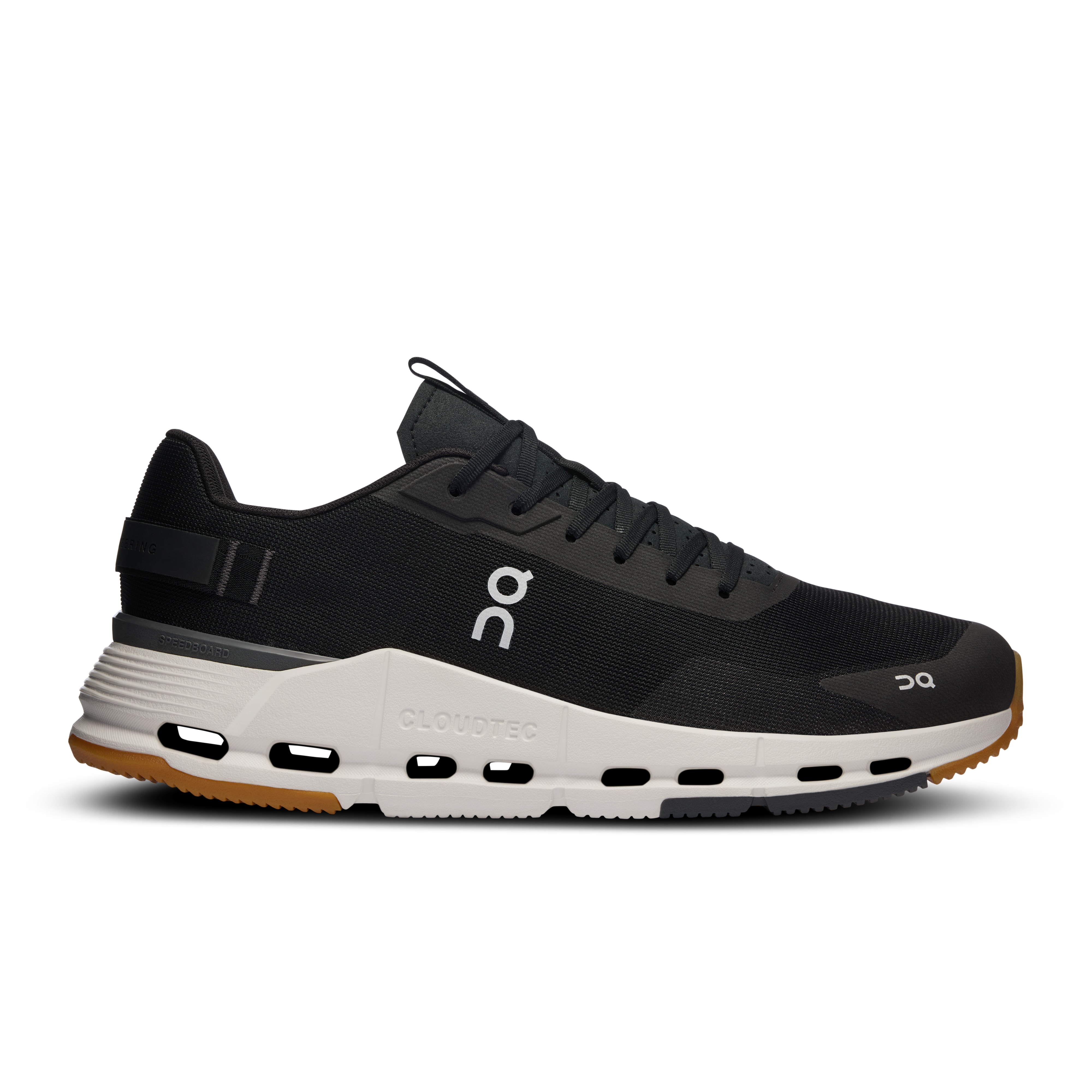 Side view on white background of Mens On Cloudnova Form 2 running shoe in Black/Ivory, Medium (Regular) width