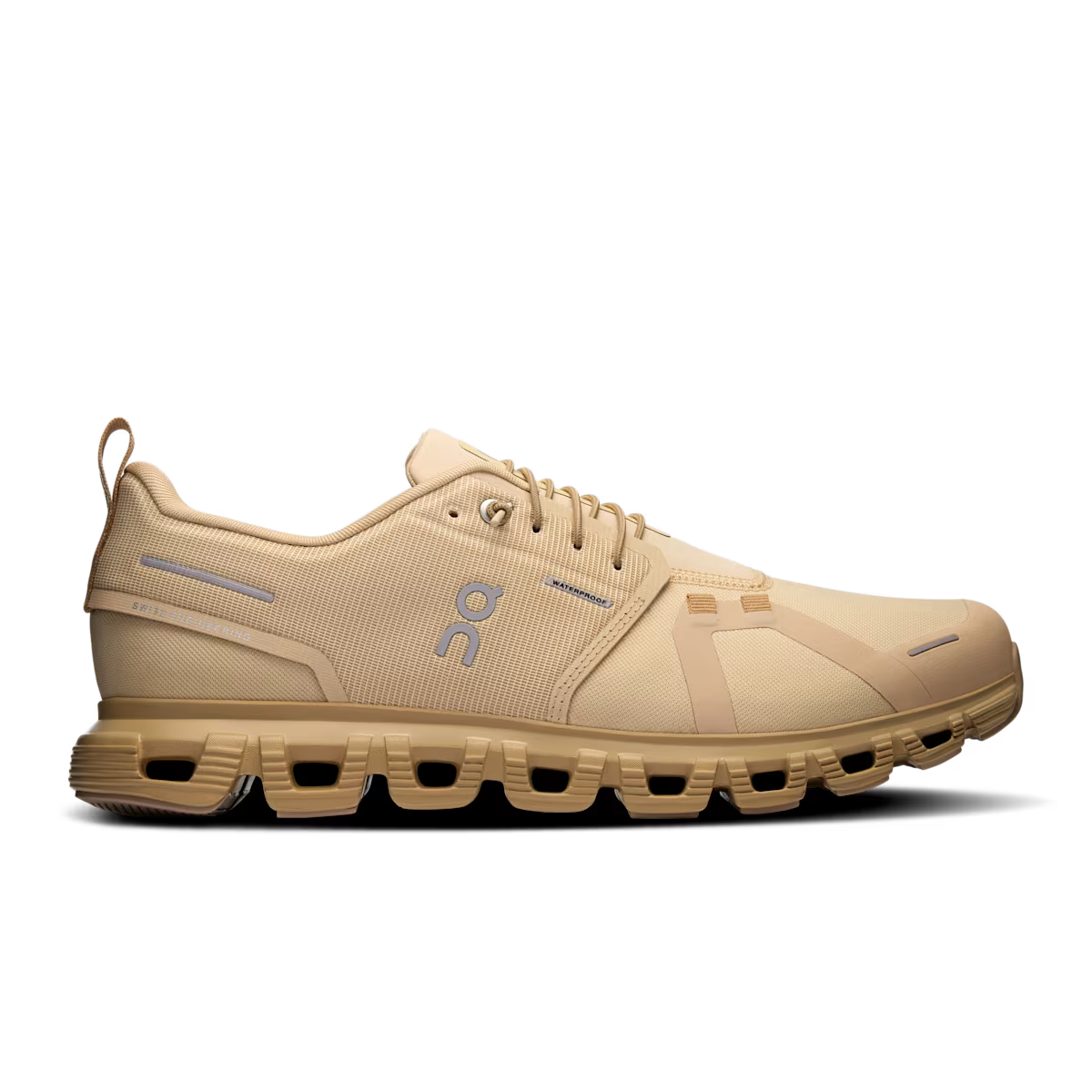 Side view on white background of Mens On Cloud 6 Waterproof running shoe in Sand/Dune, Medium (Regular) width