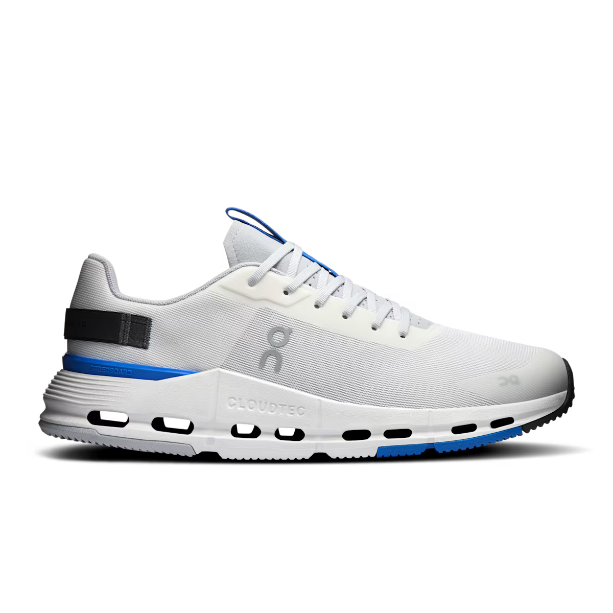 Side view on white background of Mens On Cloudnova Form 2 running shoe in Glacier/Olive, Medium (Regular) width