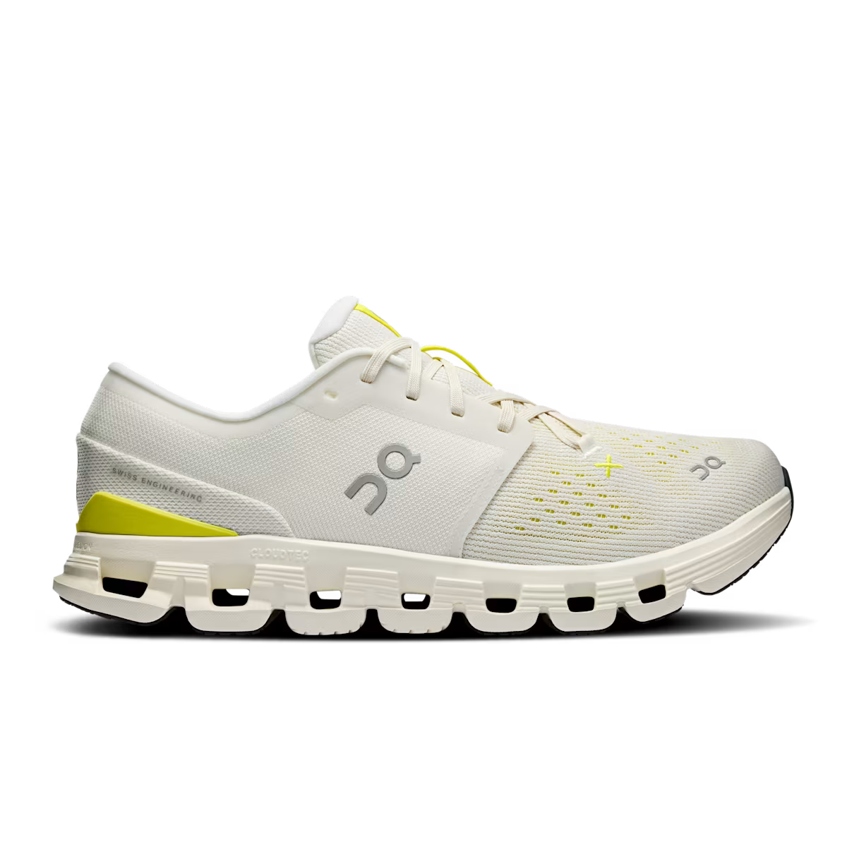 Side view on white background of Mens On Cloud X 4 running shoe in Ivory/Lime, Medium (Regular) width