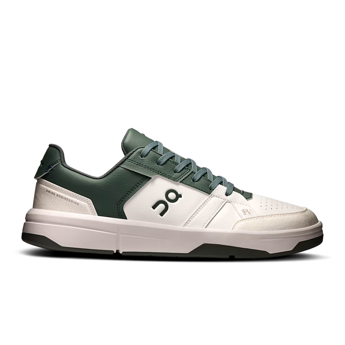 Side view on white background of Womens On The Roger Clubhouse 3 running shoe in White/Olive, Medium (Regular) width