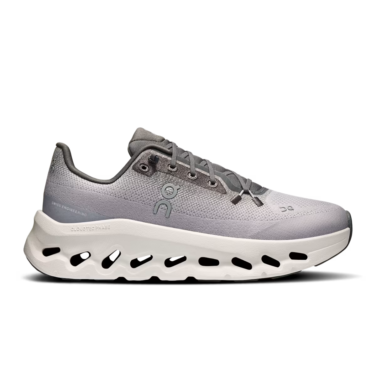 Side view on white background of Womens On Cloudtilt running shoe in Eclipse/Lilac, Medium (Regular) width