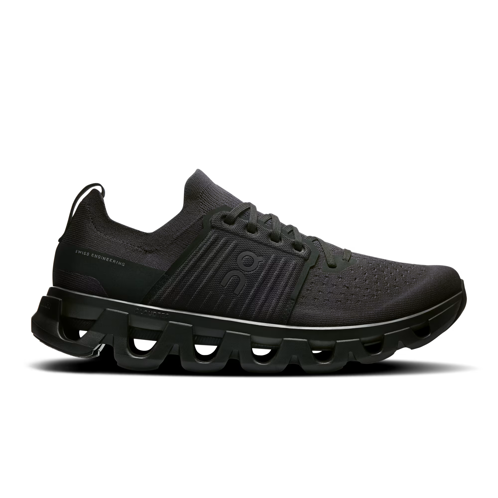 Side view on white background of Mens On Cloudswift 4 running shoe in Black/Eclipse, Medium (Regular) width