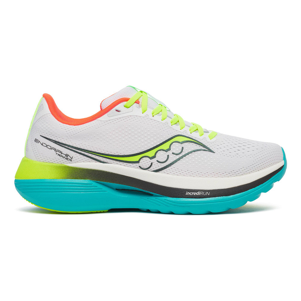 Side view on white background of Mens Saucony Endorphin Trainer running shoe in White/Mutant, Medium (Regular) width