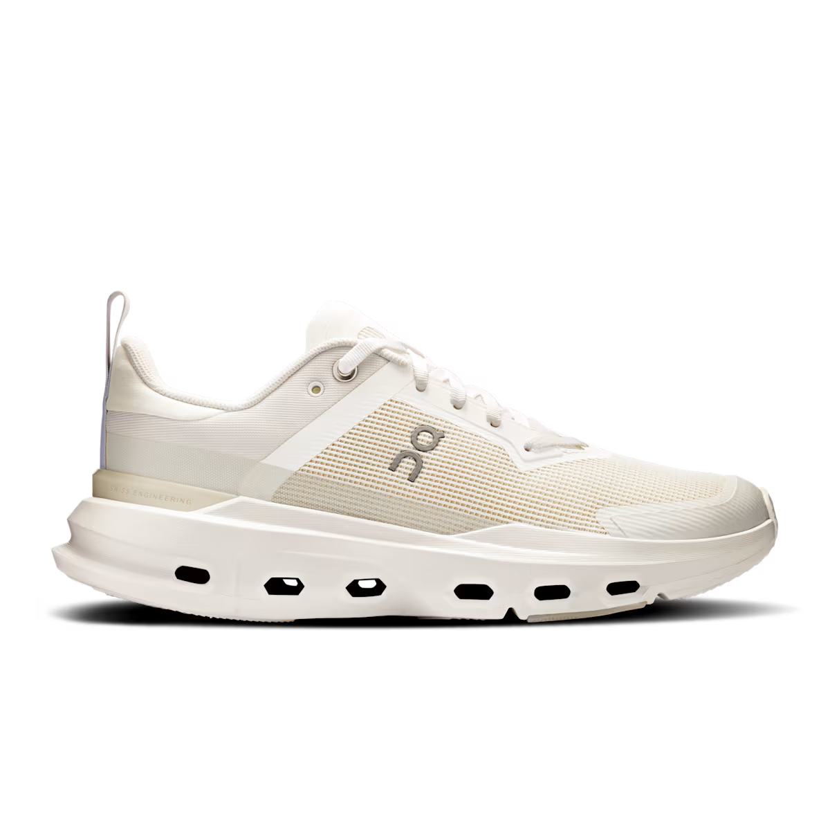 Side view on white background of Womens On Cloudpulse Next running shoe in White/Ice, Medium (Regular) width