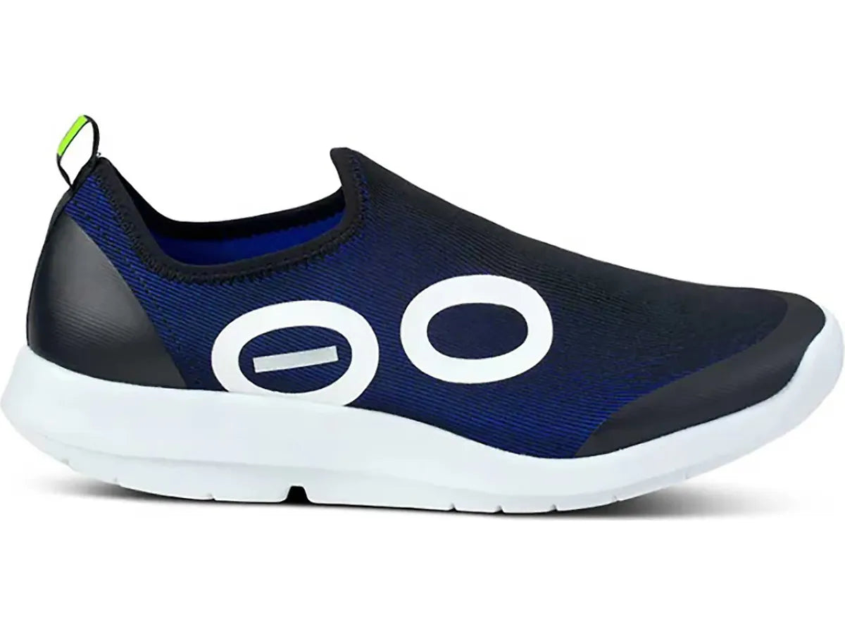 Side view on white background of Mens OOFOS OOmg Sport running shoe in Navy, Medium (Regular) width