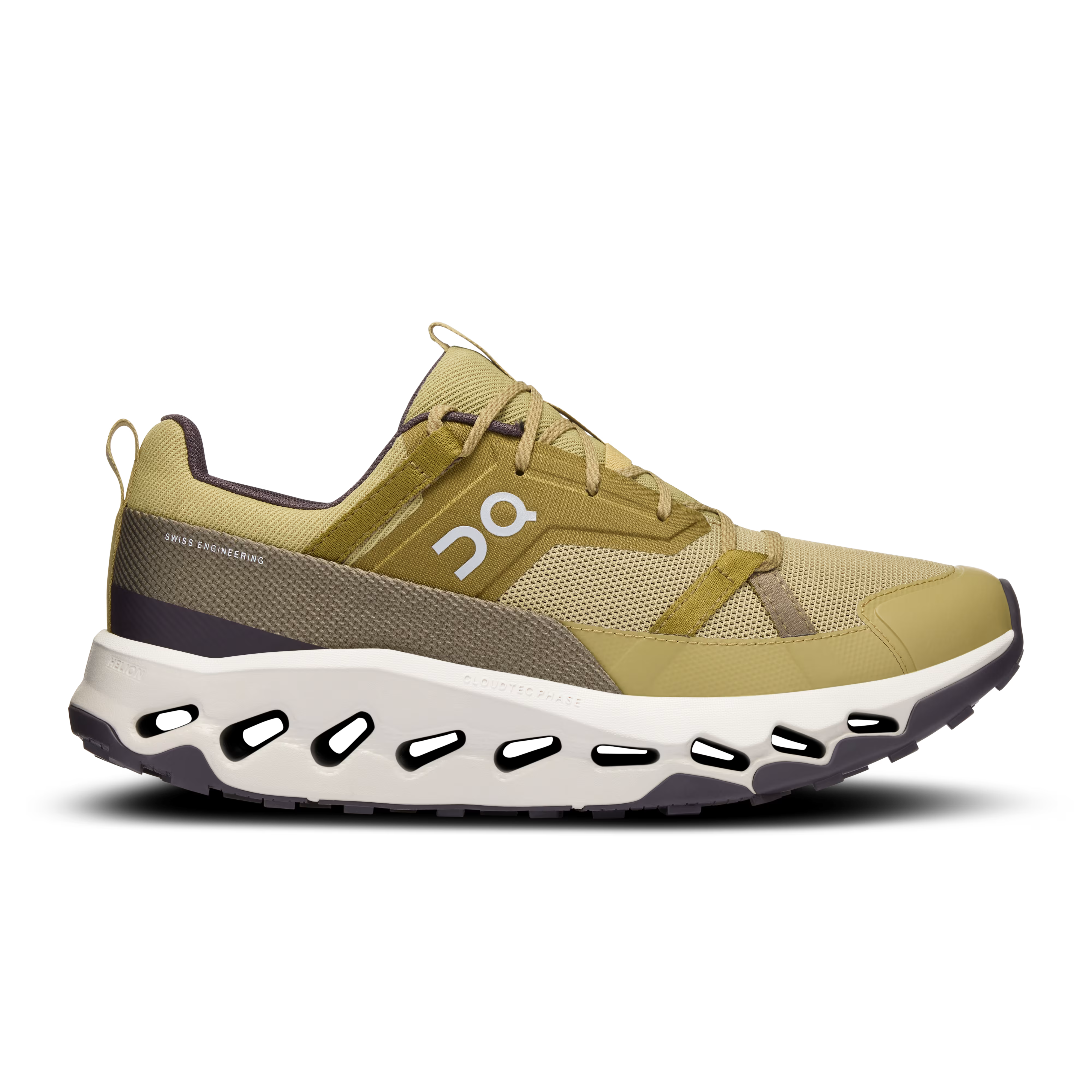 Side view on white background of Womens On Cloudhorizon running shoe in Safari/Ice, Medium (Regular) width