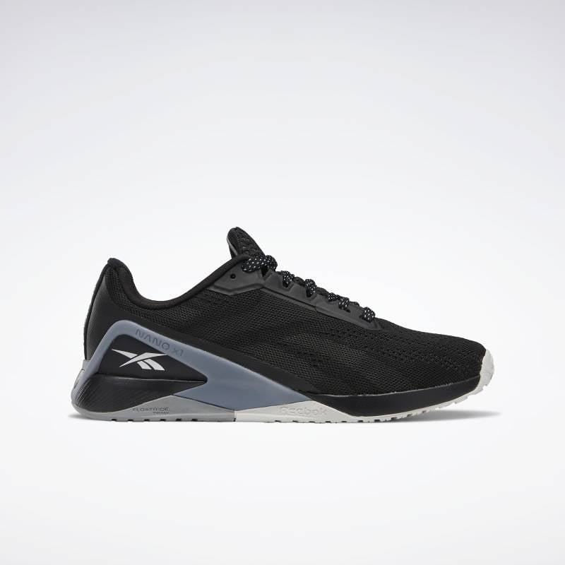 Side view on white background of Womens Reebok Nano X1 running shoe in Black/Cool Shadow/Cold Grey, Medium (Regular) width