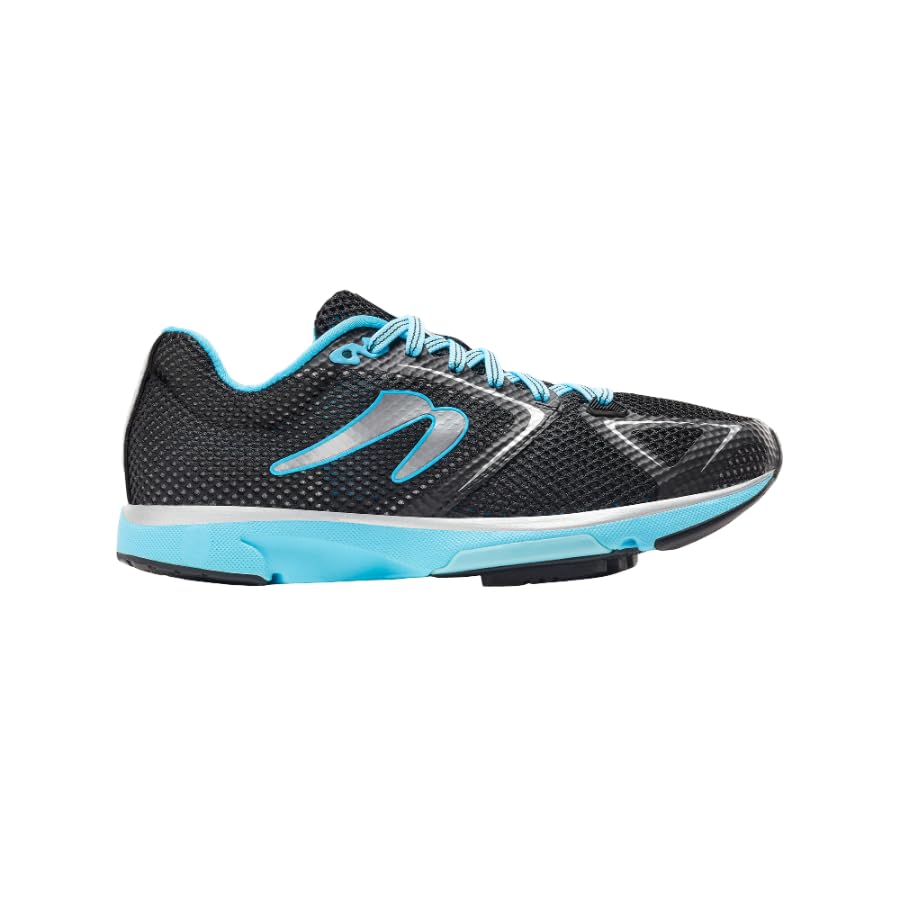 Side view on white background of Womens Newton Running Distance 12 B running shoe in Black/Aqua, Medium (Regular) width