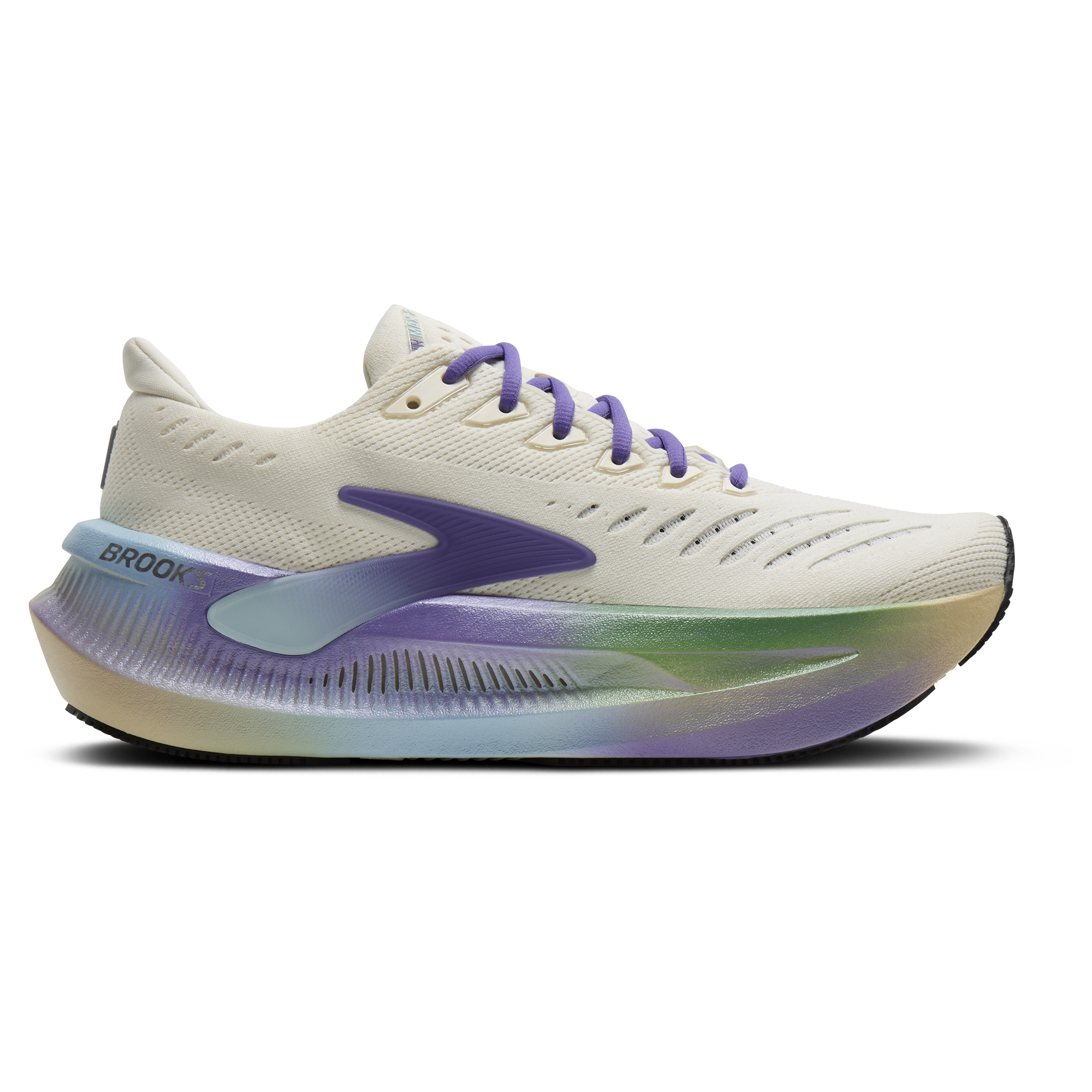 Side view on white background of Womens Brooks Glycerin Max 2 running shoe in Papyrus/Blue/Phantom, Medium (Regular) width