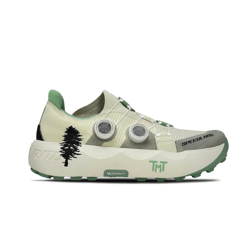 Side view on white background of Unisex Speedland GS:TMT running shoe in Tan/Green, Medium (Regular) width