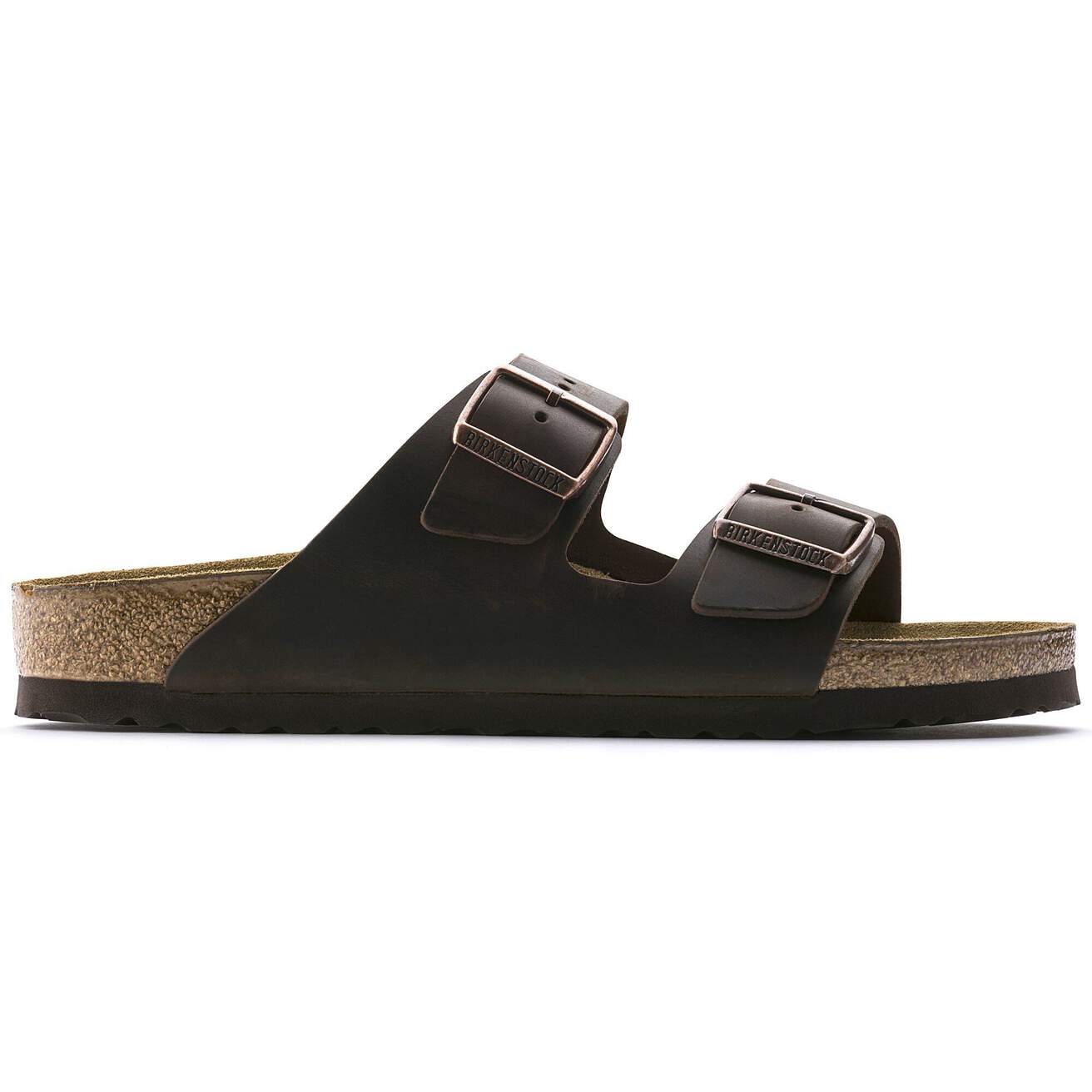 Side view on white background of Mens Birkenstock Arizona running shoe in Habana, Medium (Regular) width