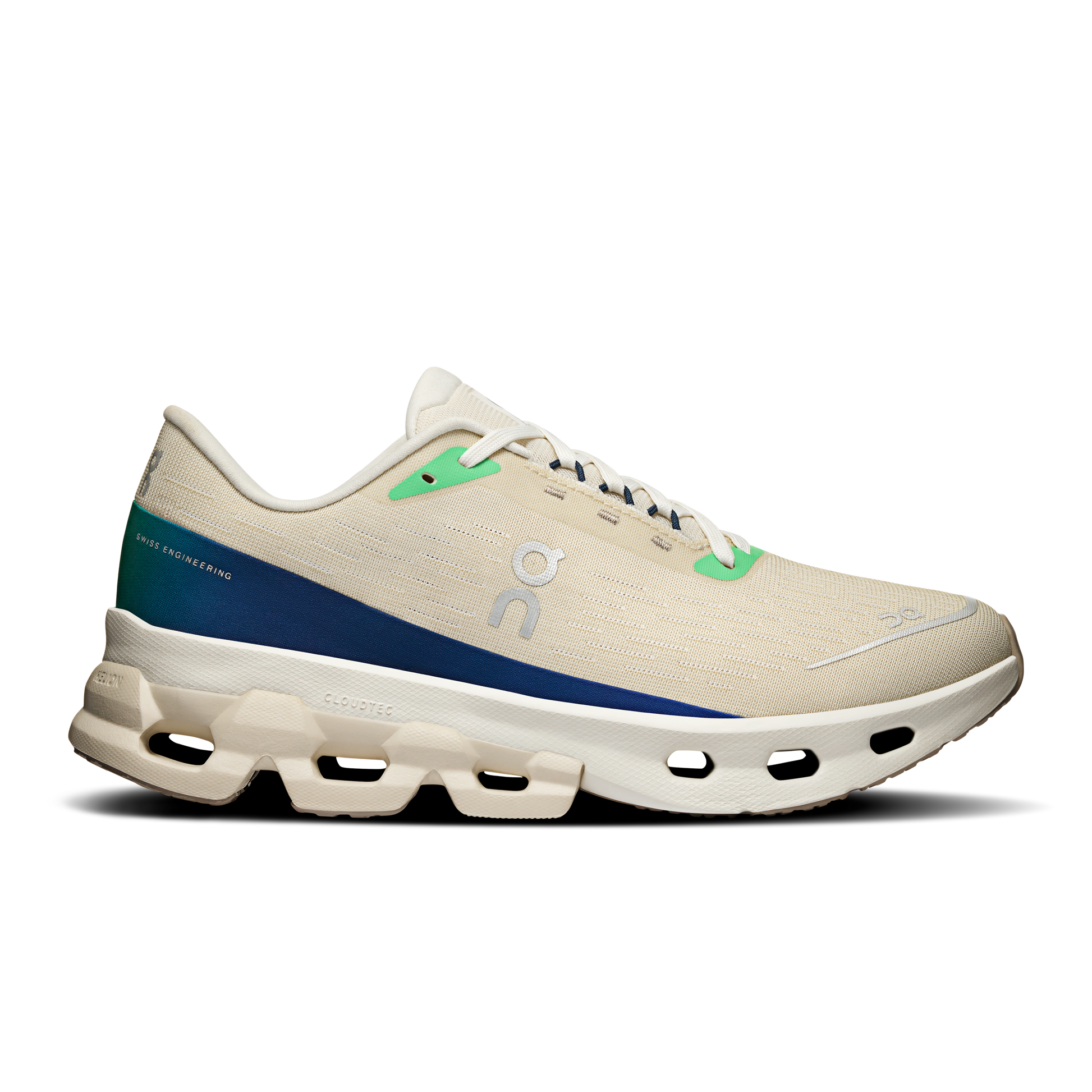 Side view on white background of Womens On Cloudspark running shoe in Cream/Honeydew, Medium (Regular) width