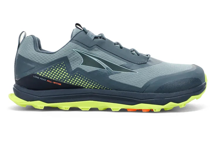 Side view on white background of Mens Altra Lone Peak All-WTHR Low running shoe in Gray/Lime, Medium (Regular) width