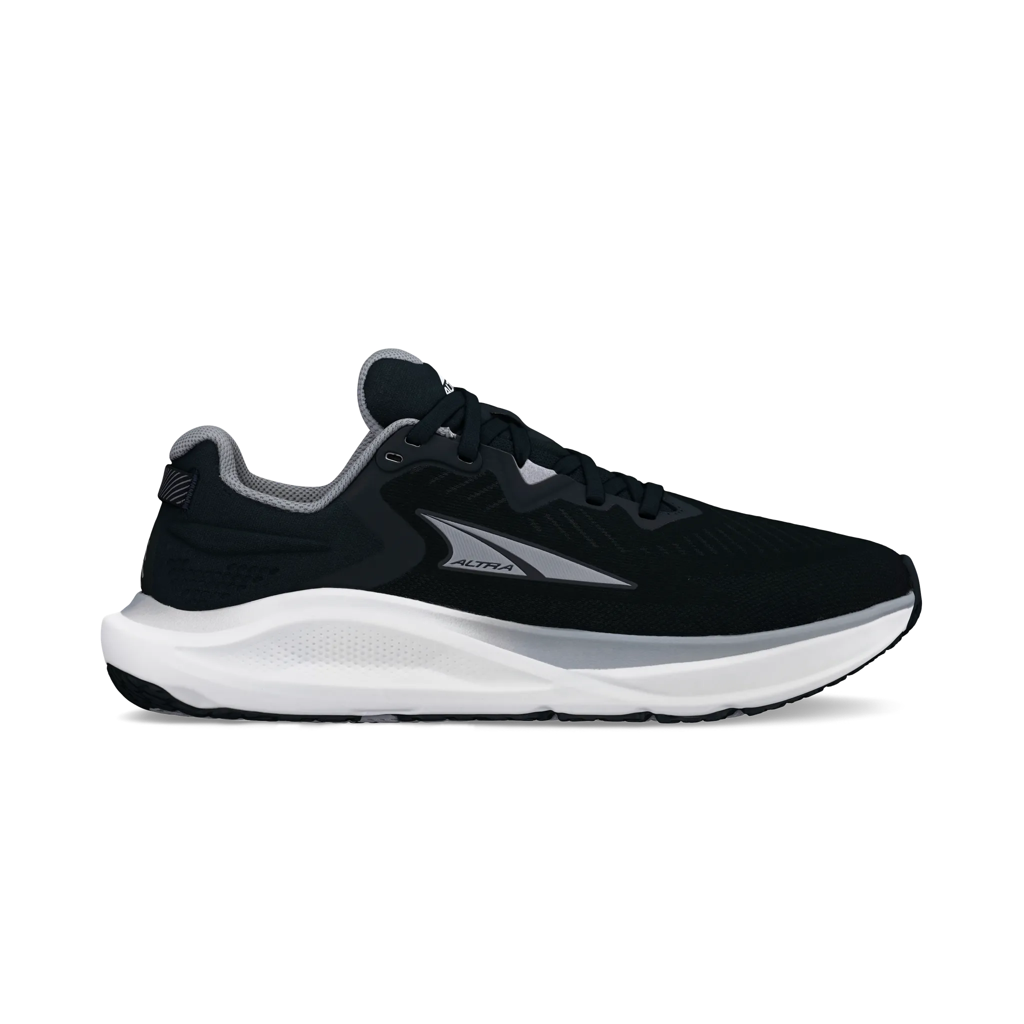 Side view on white background of Womens Altra Paradigm 8 running shoe in Black/White, Wide width