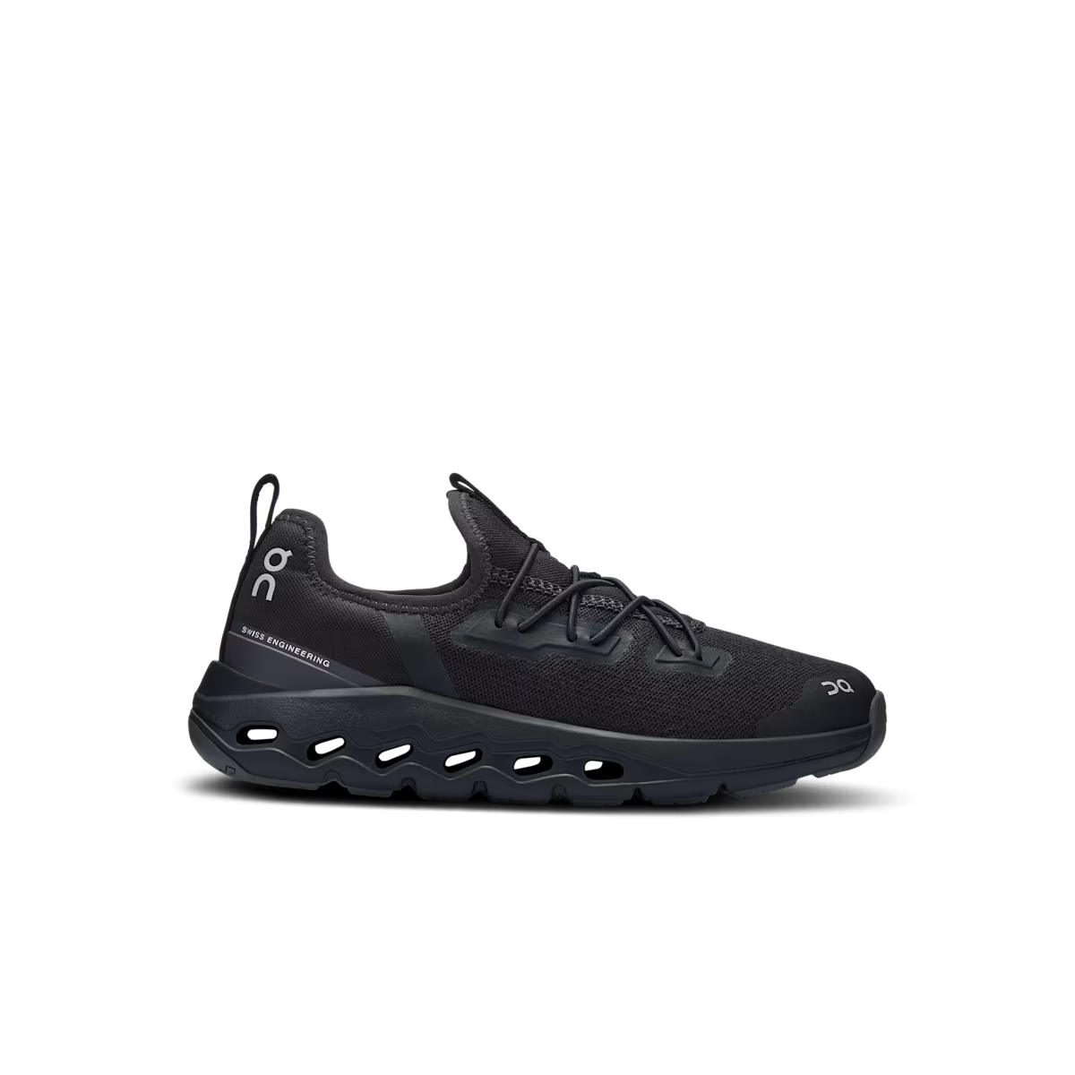 Side view on white background of Kids On Cloudleap running shoe in Black/Eclipse, Medium (Regular) width