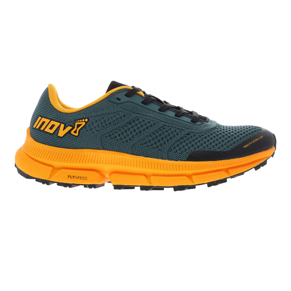 Side view on white background of Mens Inov8 TrailFly Ultra G 280 running shoe in Pine/Nectar, Medium (Regular) width