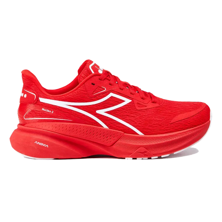 Side view on white background of Mens Diadora Nucleo 2 running shoe in Fiery Red/White, Medium (Regular) width