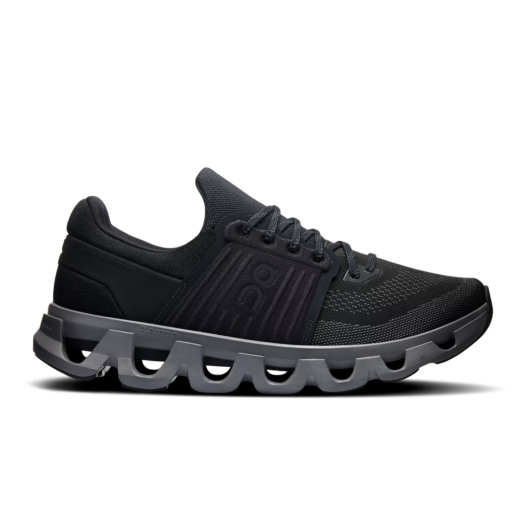 Side view on white background of Mens On Cloudswift 4 AD running shoe in Black/Rock, Medium (Regular) width