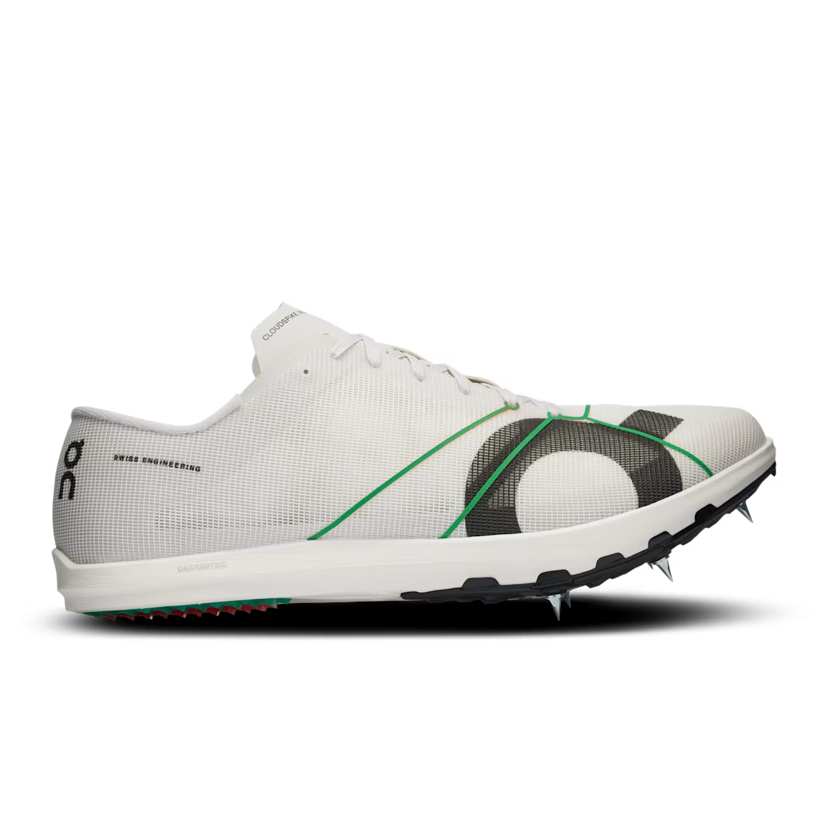 Side view on white background of Mens On Cloudspike XC running shoe in Frost/White, Medium (Regular) width