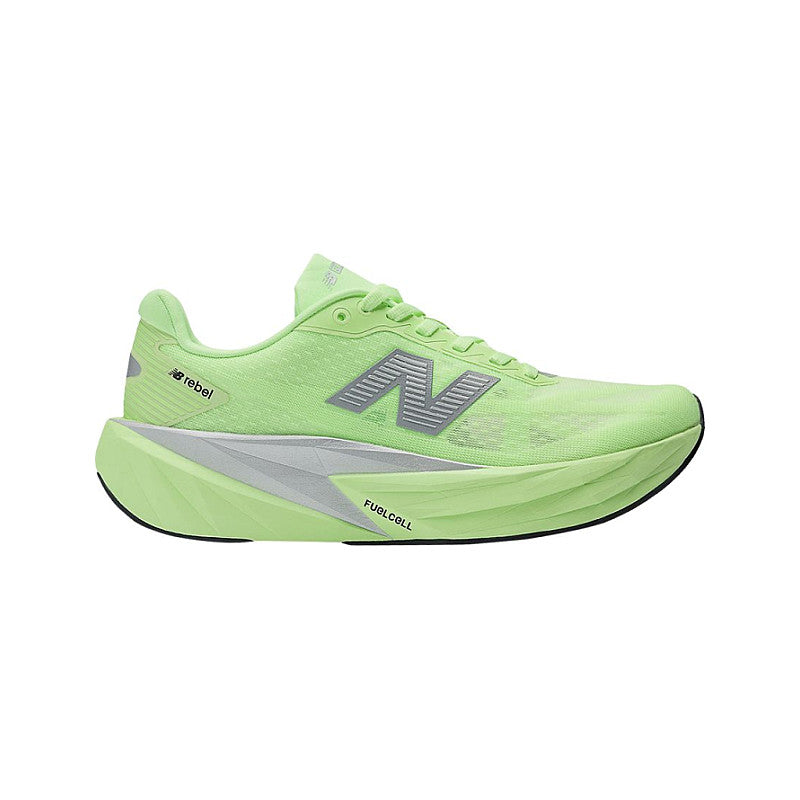 Side view on white background of Mens New Balance FuelCell Rebel v5 running shoe in Mint Flash/Lab Green/Silver Metallic, Medium (Regular) width