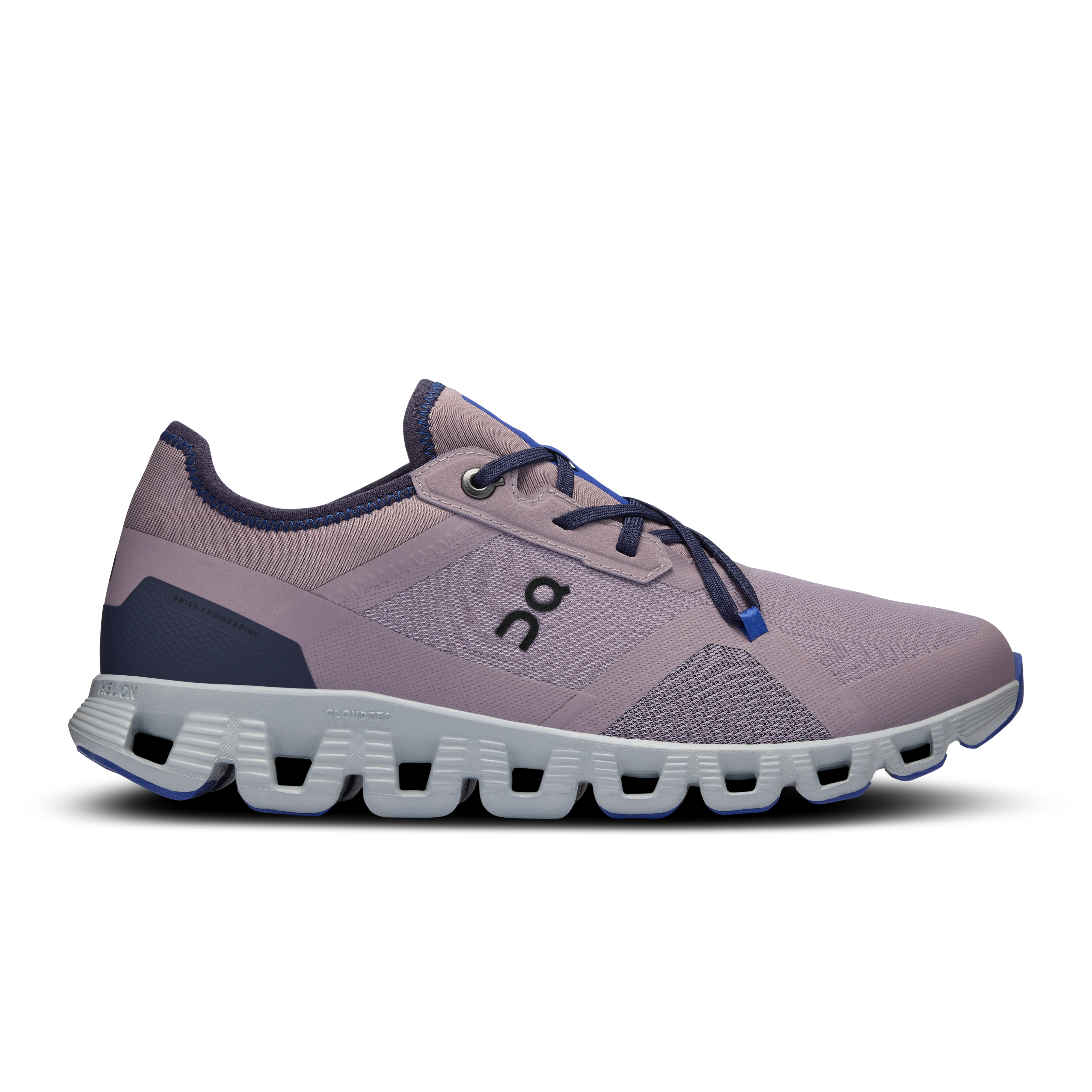Side view on white background of Womens On Cloud X 3 AD running shoe in Heron/Glacier, Medium (Regular) width