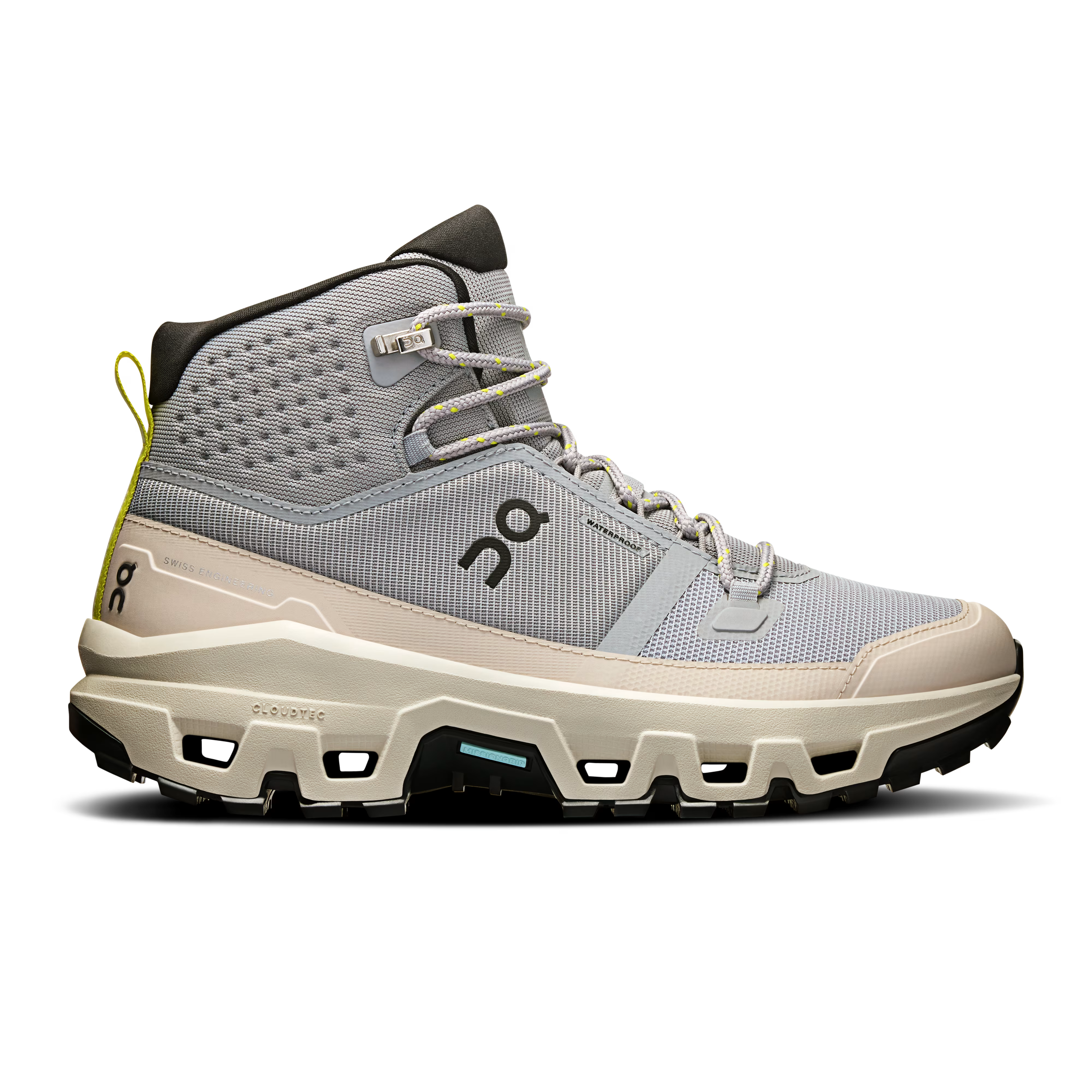 Side view on white background of Womens On Cloudrock Mid WP running shoe in Alloy/Ice, Medium (Regular) width
