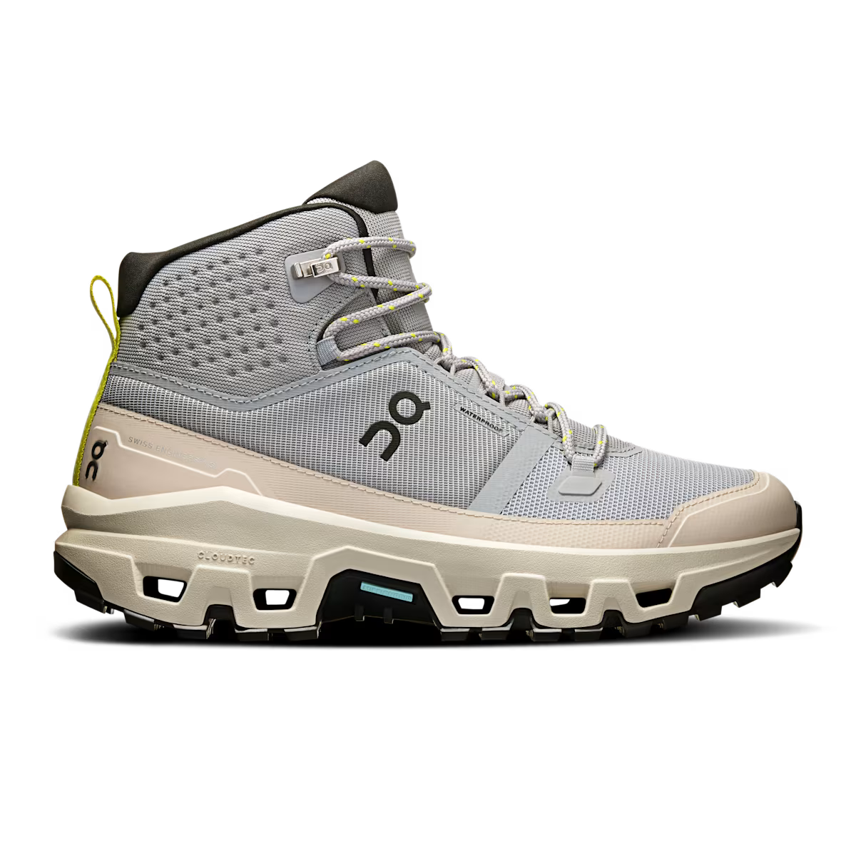 Side view on white background of Womens On Cloudrock Mid Waterproof running shoe in Alloy/Ice, Medium (Regular) width