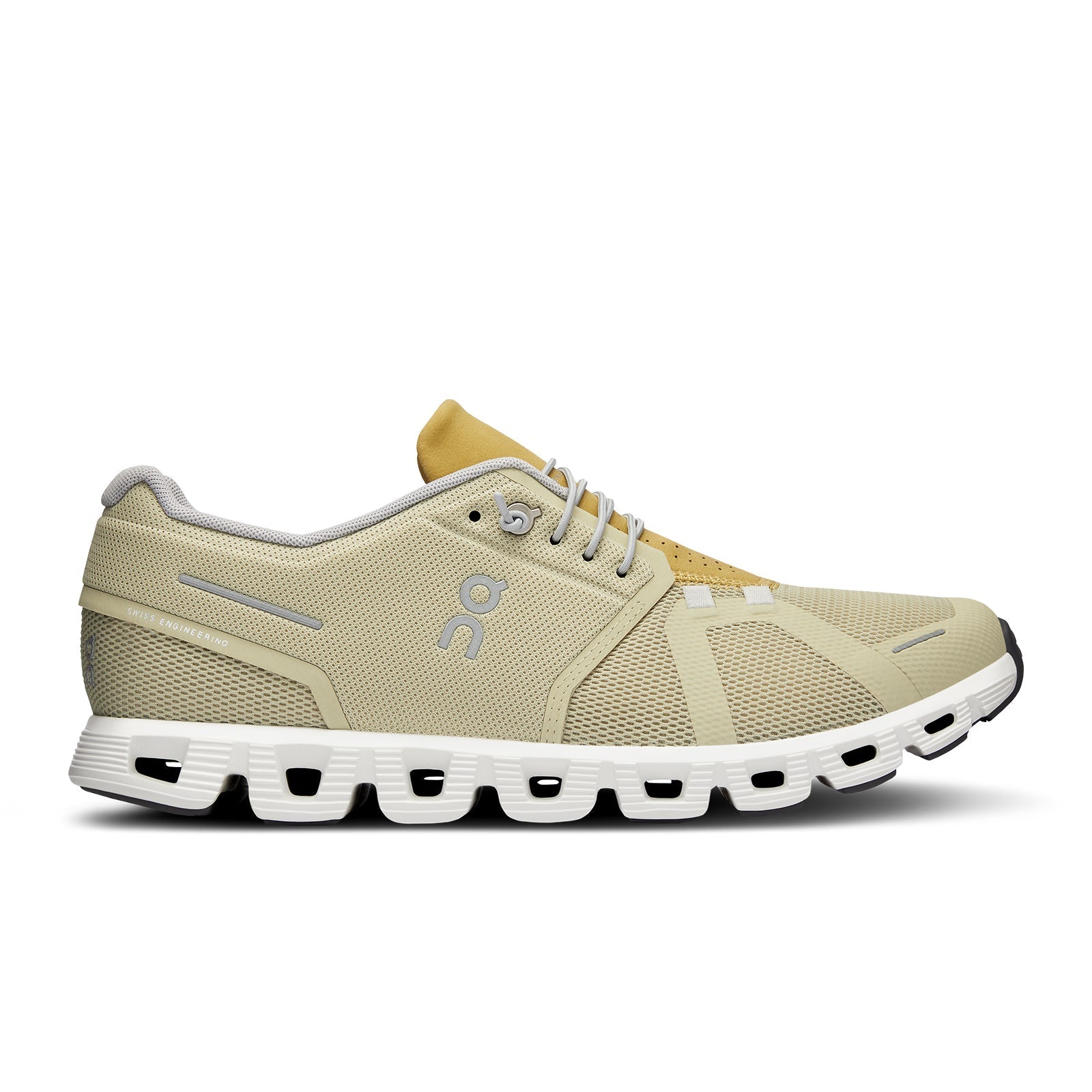 Side view on white background of Mens On Cloud 5 running shoe in Haze/Bronze, Medium (Regular) width