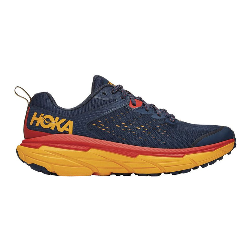 Side view on white background of Mens Hoka Challenger ATR 6 running shoe in Outer Space/Radiant Yellow, Wide width