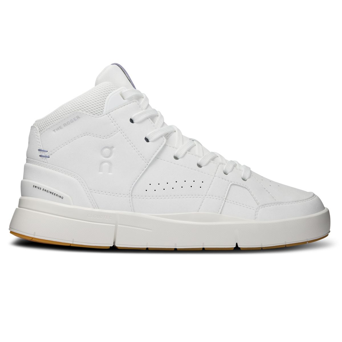 Side view on white background of Womens On The Roger Clubhouse Mid 2 running shoe in White/Feather, Medium (Regular) width