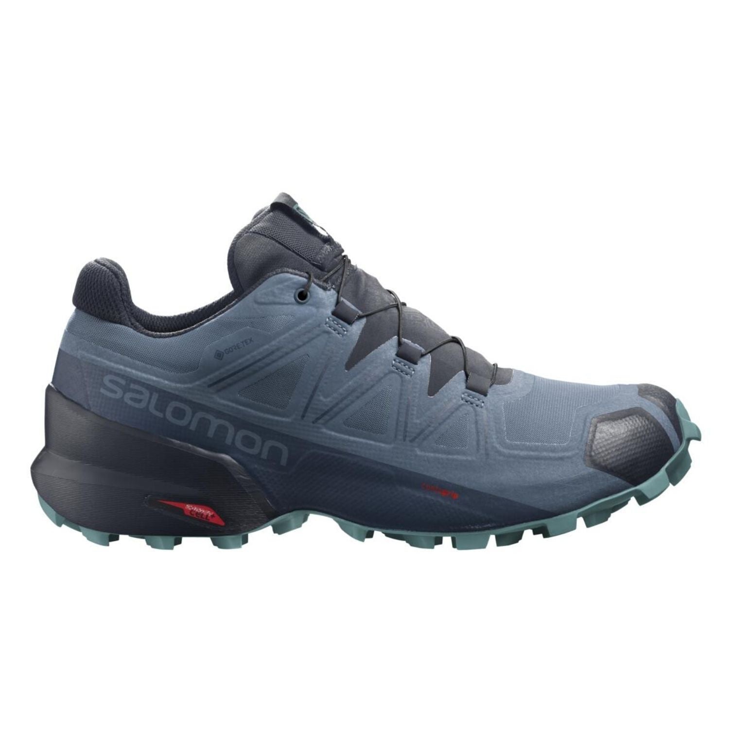 Side view on white background of Womens Salomon Speedcross 5 GTX running shoe in Copen Blue/Navy Blazer/Meadowbrook, Medium (Regular) width