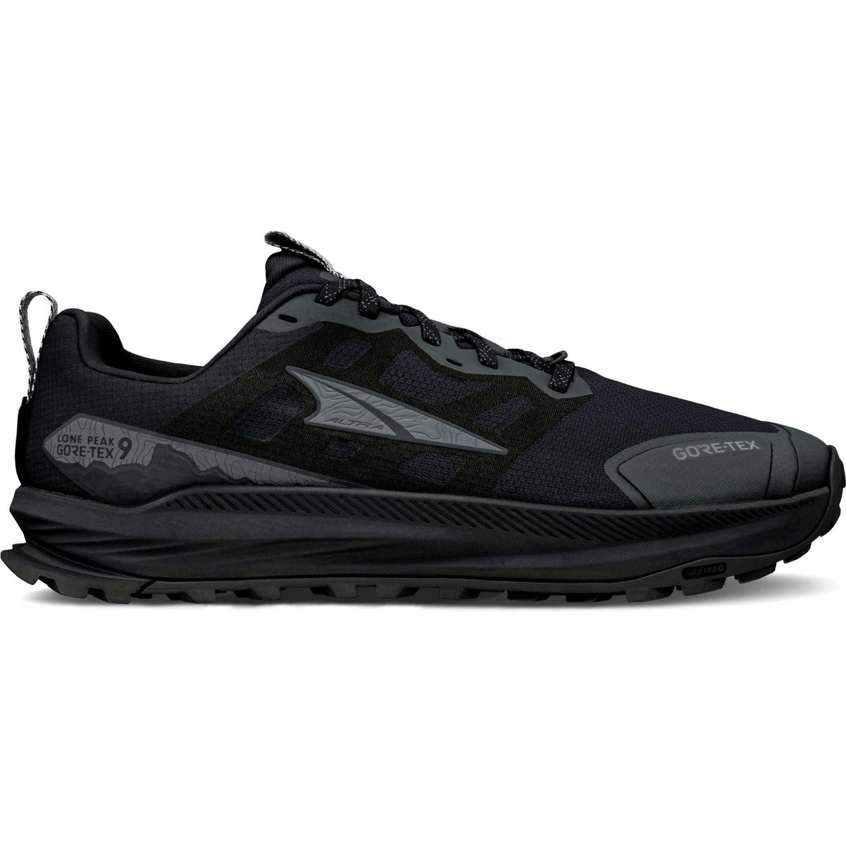 Side view on white background of Mens Altra Lone Peak 9 GTX running shoe in Black/Black, Medium (Regular) width