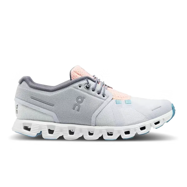 Side view on white background of Womens On Cloud 5 Push running shoe in Glacier/Undyed-White, Medium (Regular) width