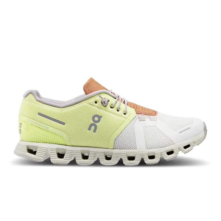 Side view on white background of Womens On Cloud 5 running shoe in Hay/Ice, Medium (Regular) width