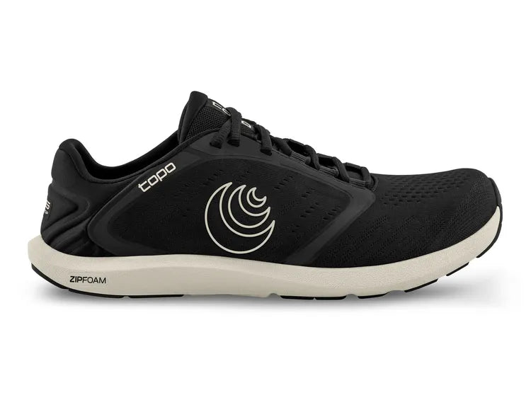 Side view on white background of Womens Topo Athletic ST-5 running shoe in Black/Grey, Medium (Regular) width