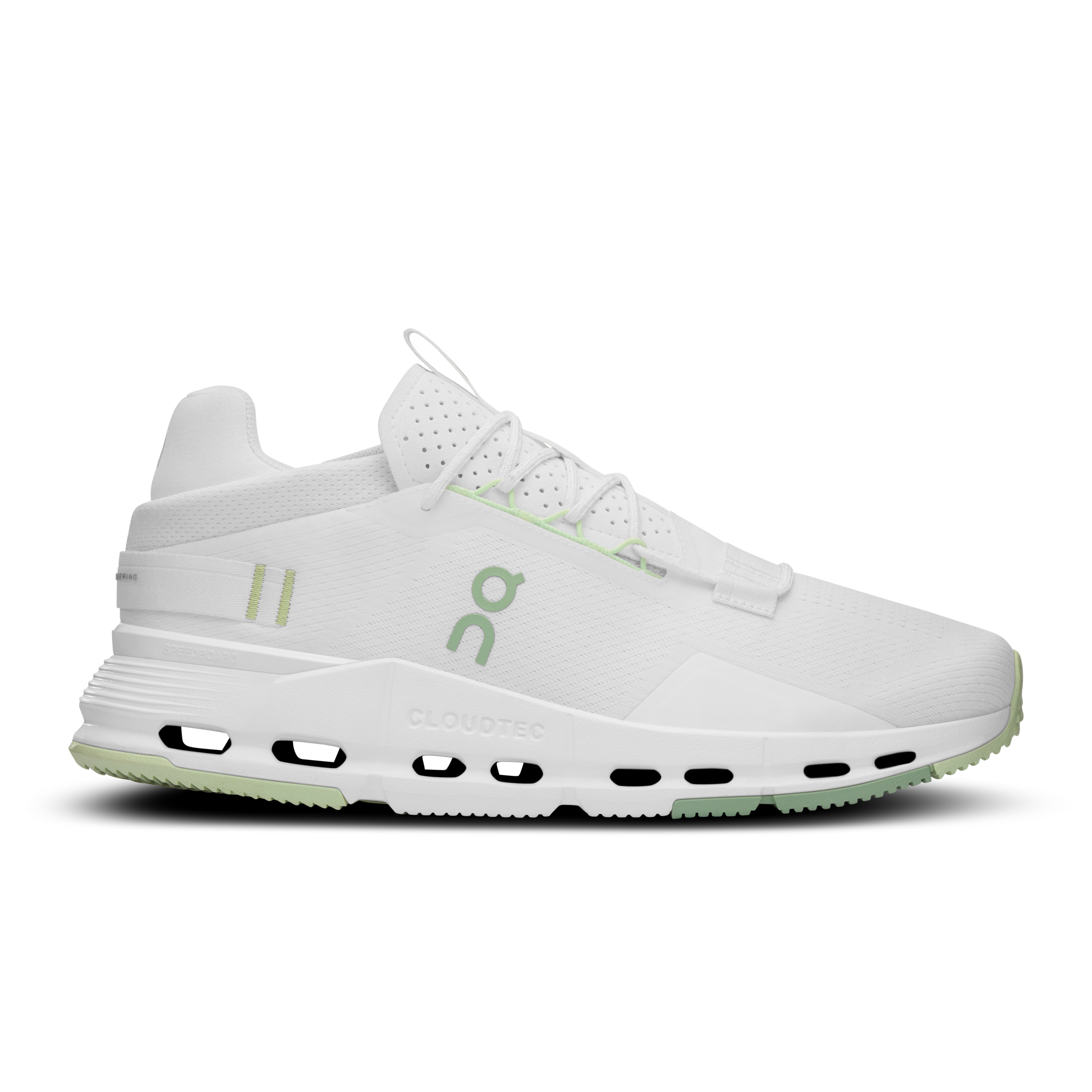 Side view on white background of Mens On Cloudnova 2 running shoe in White/Sage, Medium (Regular) width