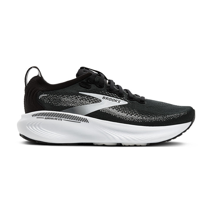 Side view on white background of Womens Brooks Adrenaline GTS 25 running shoe in Black/Grey/White, Extra Wide width