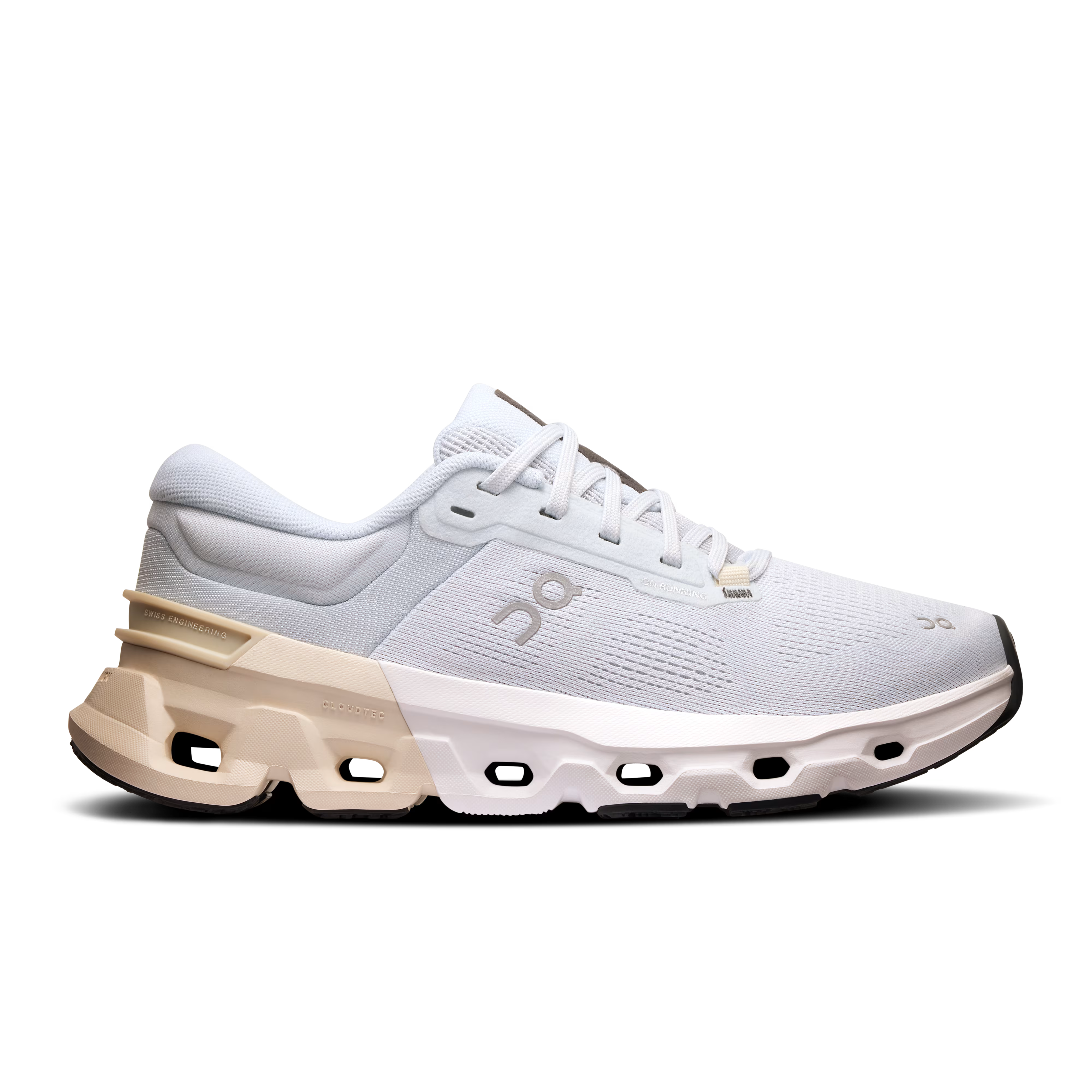 Side view on white background of Womens On Cloudflyer 5 running shoe in Arctic/Cream, Medium (Regular) width