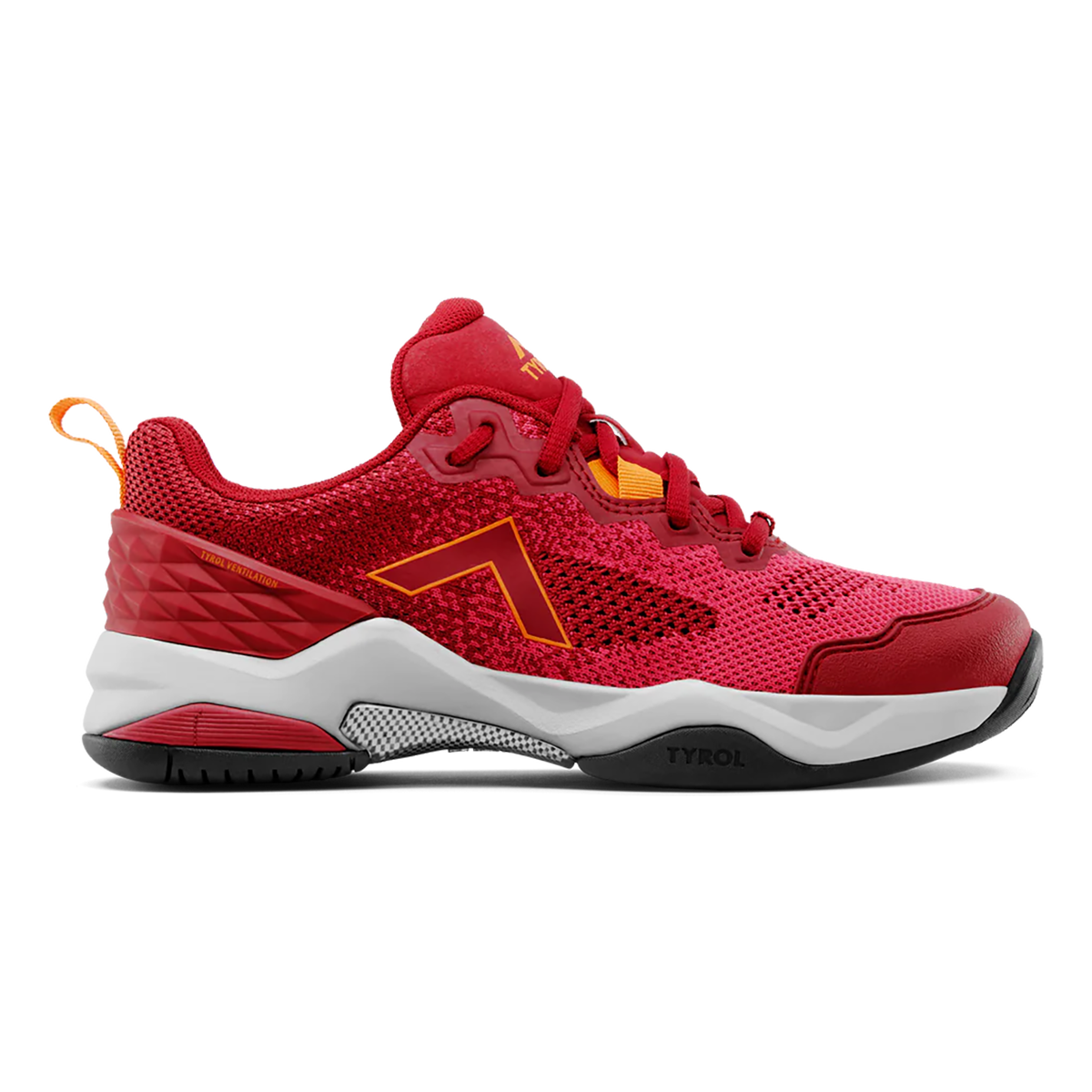 Side view on white background of Womens Tyrol Smash running shoe in Pink/Crimson, Medium (Regular) width