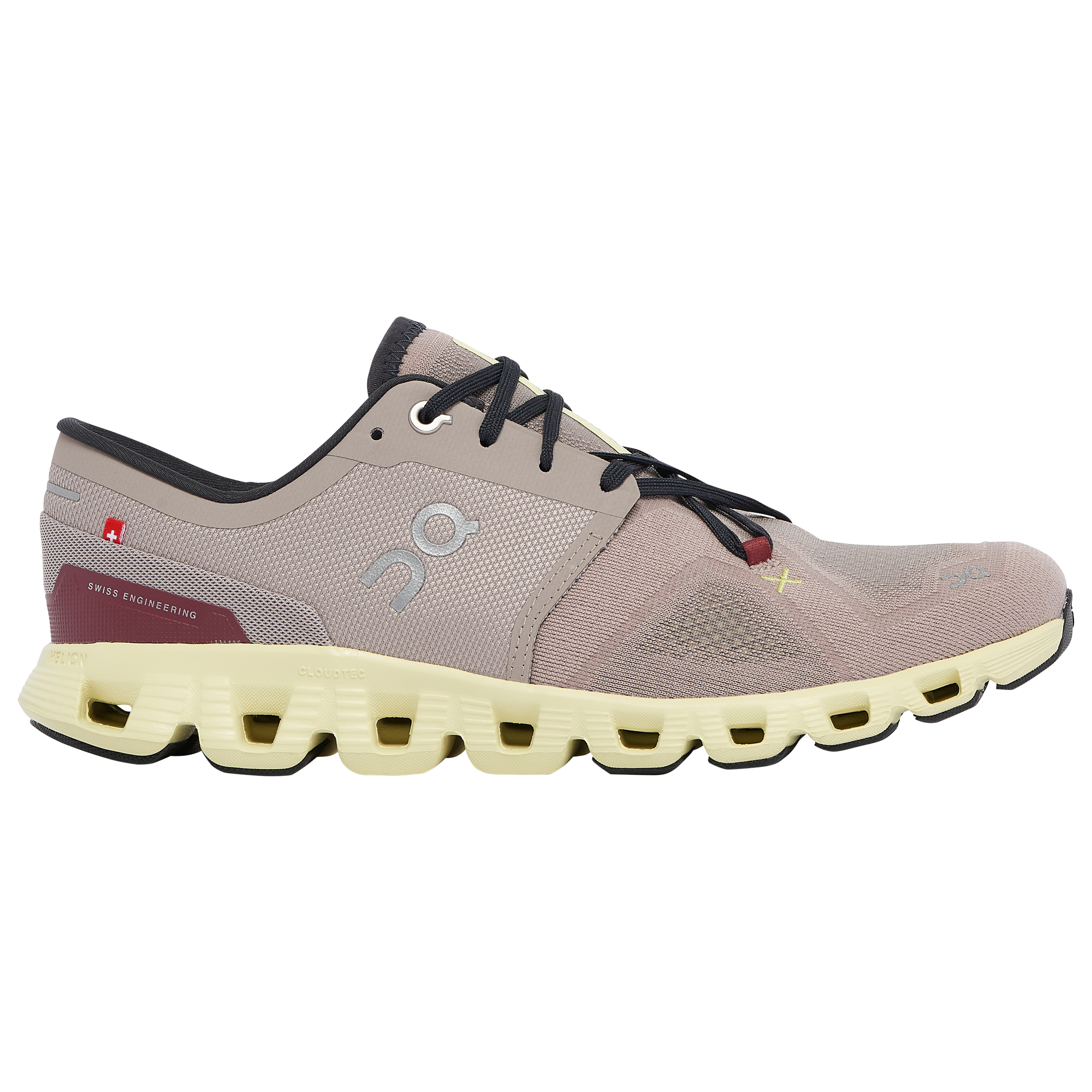 Side view on white background of Mens On Cloud X 3 running shoe in Fog/Hay, Medium (Regular) width