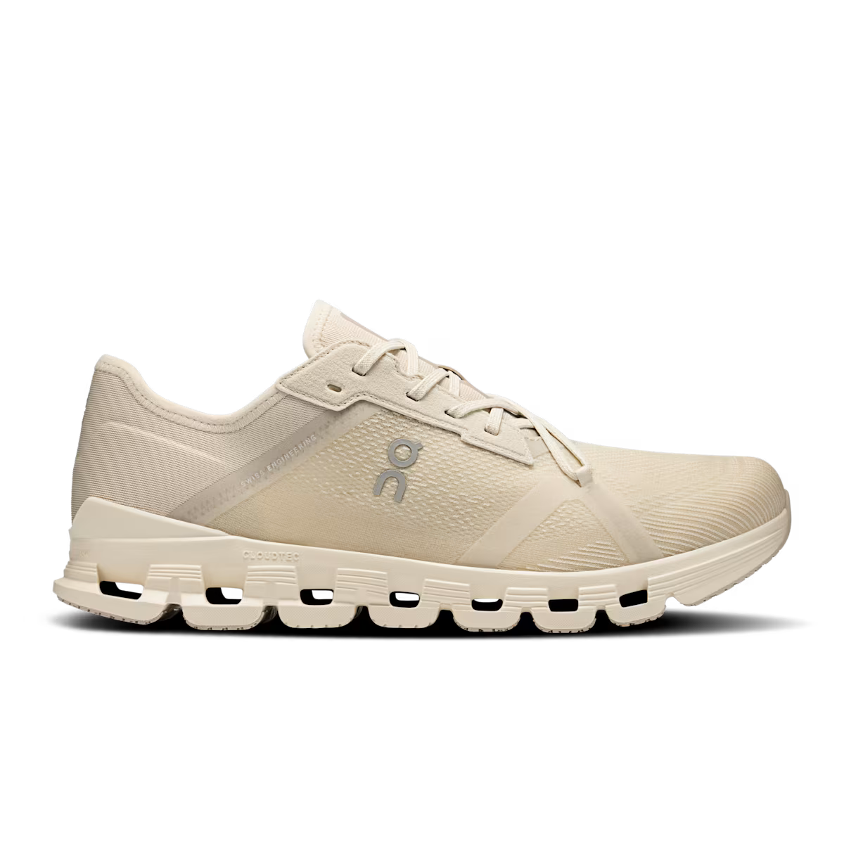 Side view on white background of Mens On Cloud X 4 AD running shoe in Pelican/Ghost, Medium (Regular) width