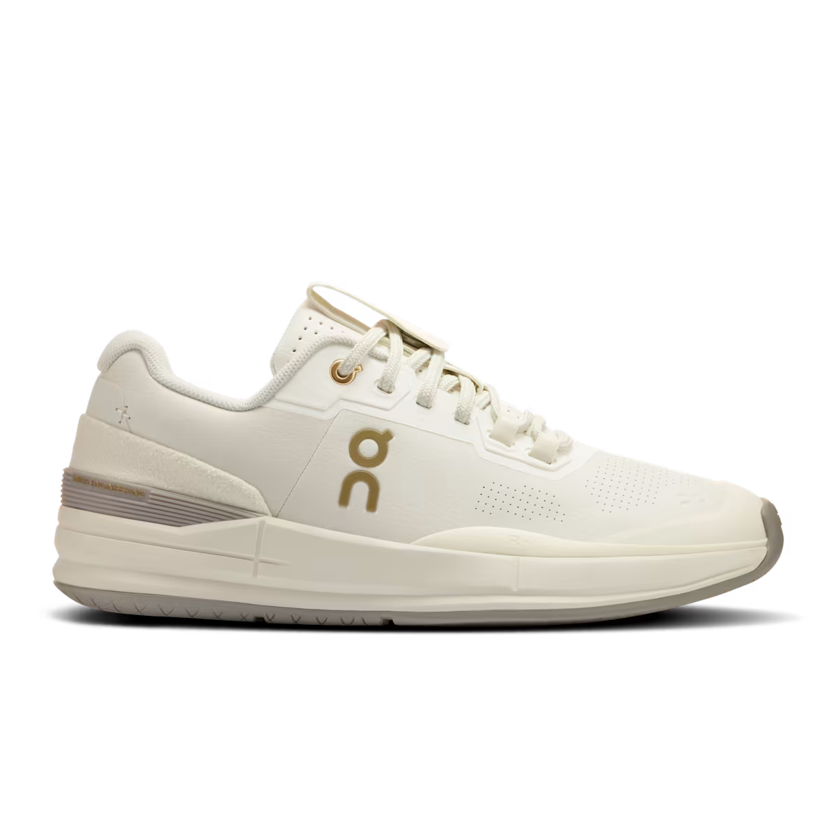 Side view on white background of Womens On The Roger Pro Ace running shoe in Ivory/Fog, Medium (Regular) width