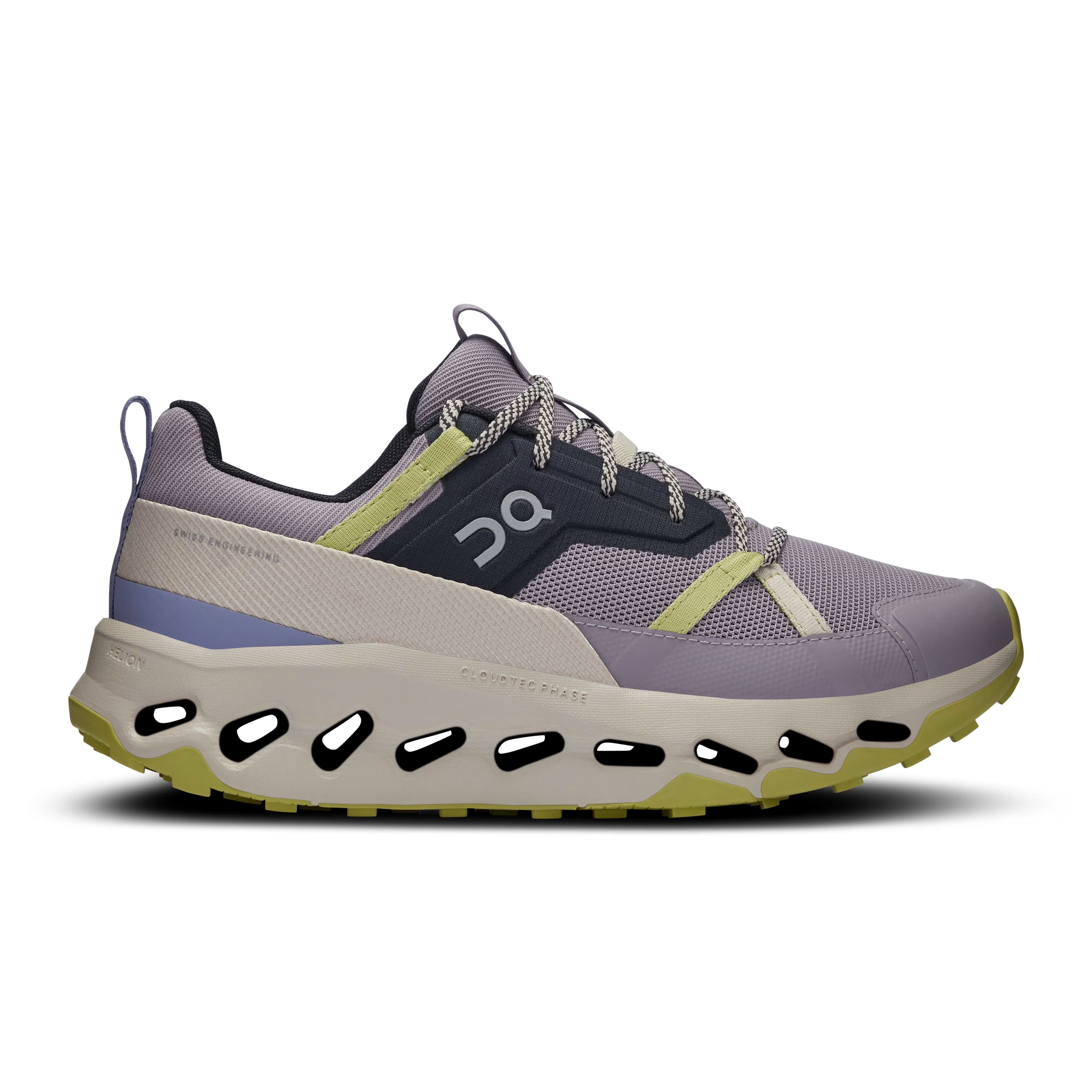 Side view on white background of Womens On Cloudhorizon running shoe in Zinc/Sand, Medium (Regular) width