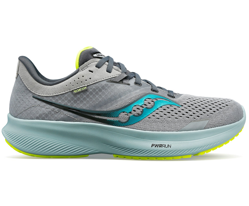 Side view on white background of Mens Saucony Ride 16 running shoe in Fossil/Palm, Medium (Regular) width