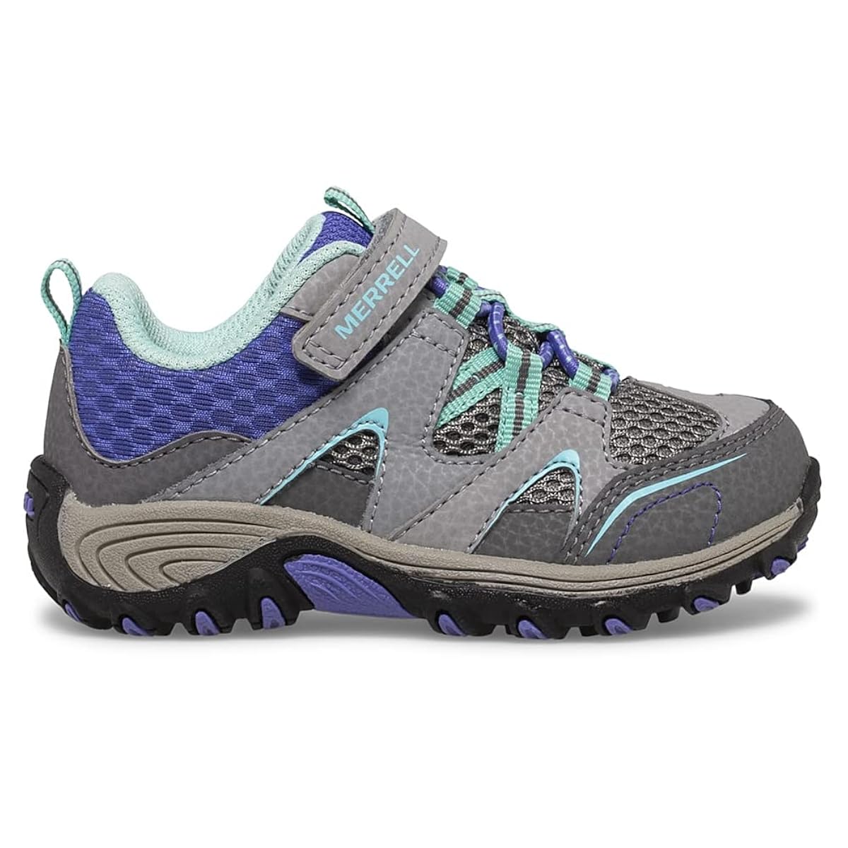 Side view on white background of Youth Merrell Trail Chaser running shoe in Grey/Multi, Wide width