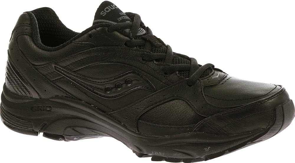Side view on white background of Womens Saucony Progrid Integrity ST2 running shoe in Black/Grey, Medium (Regular) width